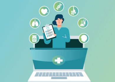 Computer illustration with icons representing healthcare data.