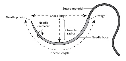 Illustration of the various measurements of a suture needle