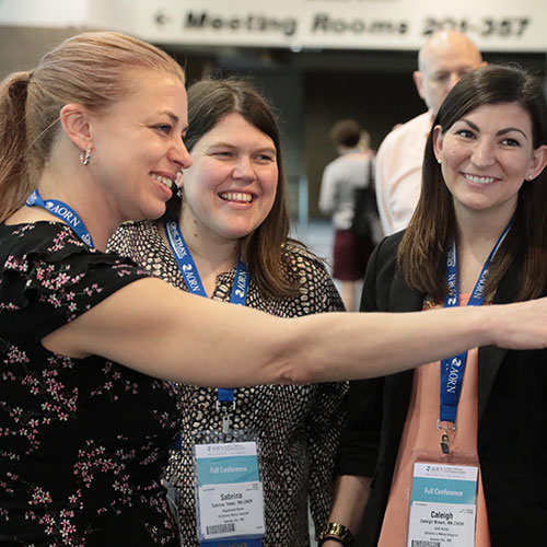 poster_500x500 Woman pointing while two other women look at poster in expo hall.